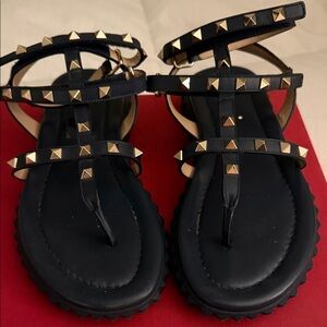 Valentino Black Sandals with Gold Studs